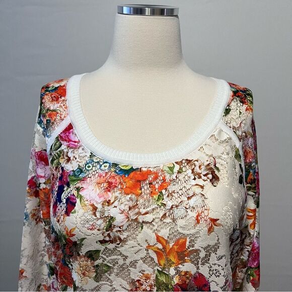 Charlotte Tarantola Floral Scoop Neck Drop Sleeve Sheer Sweater Size Large - Picture 3 of 8